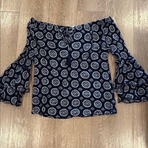 Solitaire Navy and White Bell Sleeve Ruffled Blouse